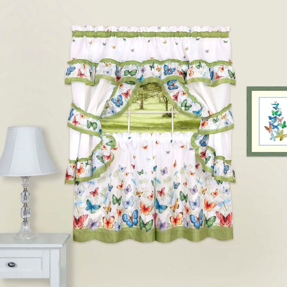 Butterflies Window Kitchen Curtains 5-Piece Printed Cottage Set - 57" (W) x 36"